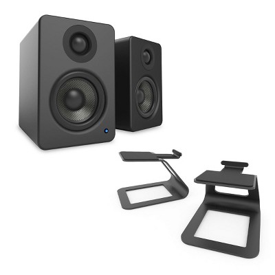 Kanto YU2 Powered Desktop Speakers and SE2 Speaker Stands for Small Speakers - Pair (Matte Black/Black)