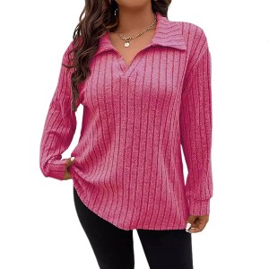 Women's Plus Size Loose Polo V Neck Long Sleeve T Shirts Tops Collared Ribbed Brushed Top Sweater Casual - 1 of 4
