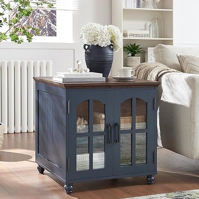 Gericco Farmhouse End Table with Charging Station, 18'' Narrow Side Table and 24" Large Sofa Table with Glass Barn Door Storage