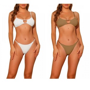 Elerevyo Women's 2 Piece Ribbed Solid Color Bikini Sets, Spaghetti Strap Backless Swimwear Bathing Suit Swimsuit 2 Sets - 1 of 4