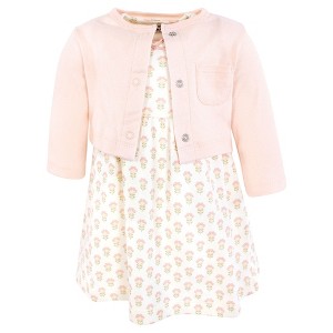 Hudson Baby Infant and Toddler Girls Cotton Dress and Cardigan Set, Soft Ditsy Floral - 1 of 4