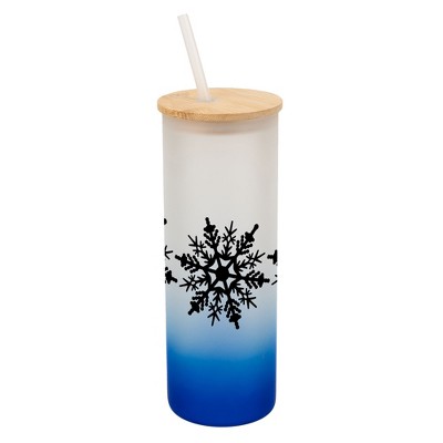Elanze Designs Center Snowflakes Winter Wrap-Around Design 25 Ounce Frosted Gradient Glass On-The-Go Coffee Travel Skinny Tumbler Mug Cup, Bamboo Lid