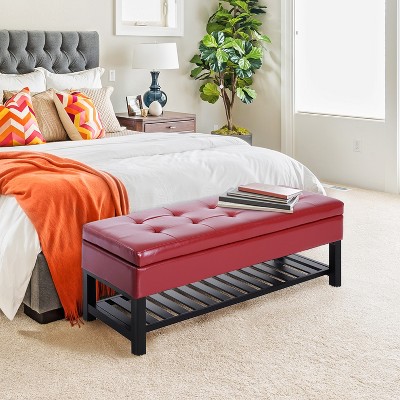 Elegant Crimson Red Faux Leather Ottoman Storage Bench with Shoe Rack