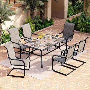 Metal Patio Dining Set with 60"x37" Table with Umbrella Hole & 6 Sling Motion Chairs - Captiva Designs