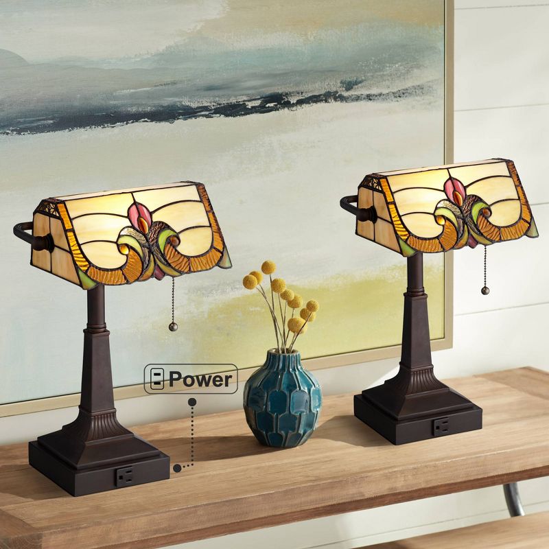 Robert Louis Tiffany Fleura 17" High Small Rustic Traditional Banker Desk Lamps Set of 2 Brown Bronze Finish Metal Home Office Living Room Bedroom, 2 of 10