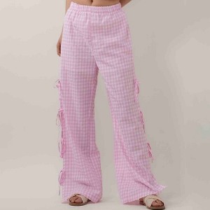 Women Everyday Checked Elastic Waist Side Strape Bowtie Casual Loungewear Pants Cherie Code - 1 of 4