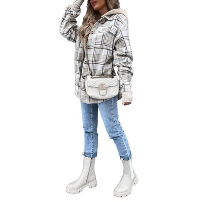 Women Jackets Coats Long Sleeve Plaid Hooded Button Front Jackets with Pockets Light Grey L
