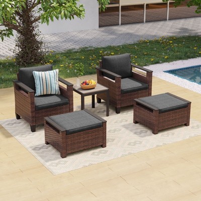 Sonkuki 5 Pieces PE Rattan Patio Chairs & Side Table, Patio Furniture with Cushion, Ottomans for Lawn, Sand