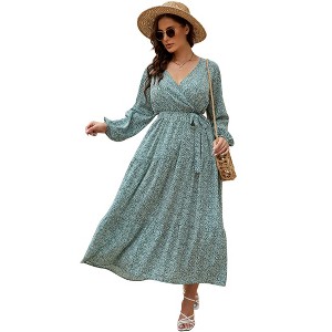 Women Plus Size V Neck Wrap Maxi Dress High Waist Ruffle Summer Casual Dress with Belt Long Sleeve,navy blue yellow flower - 1 of 4