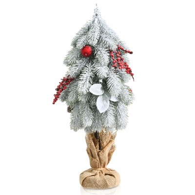 Costway 19''Snow Flocked Tabletop Christmas Pine Tree w/Pine Cones & Red Berries