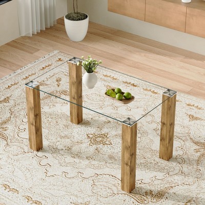 NicBex Rectangular Dining Table for 4 with Wood Grain Legs and Tempered Glass Top, Modern Kitchen Table, Dining Table for Kitchen, Bedroom