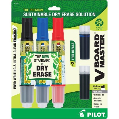 Pilot 3pk VBoard Master Dry Erase Markers Chisel Tip Multicolored Ink with Bonus Refills 