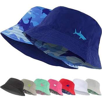 Addie & Tate Kids Reversible Bucket Hat for Girls & Boys, Packable Beach Sun Bucket Hat for Toddlers to Teens Ages 3-14 Years (Blue/Camo Shark)