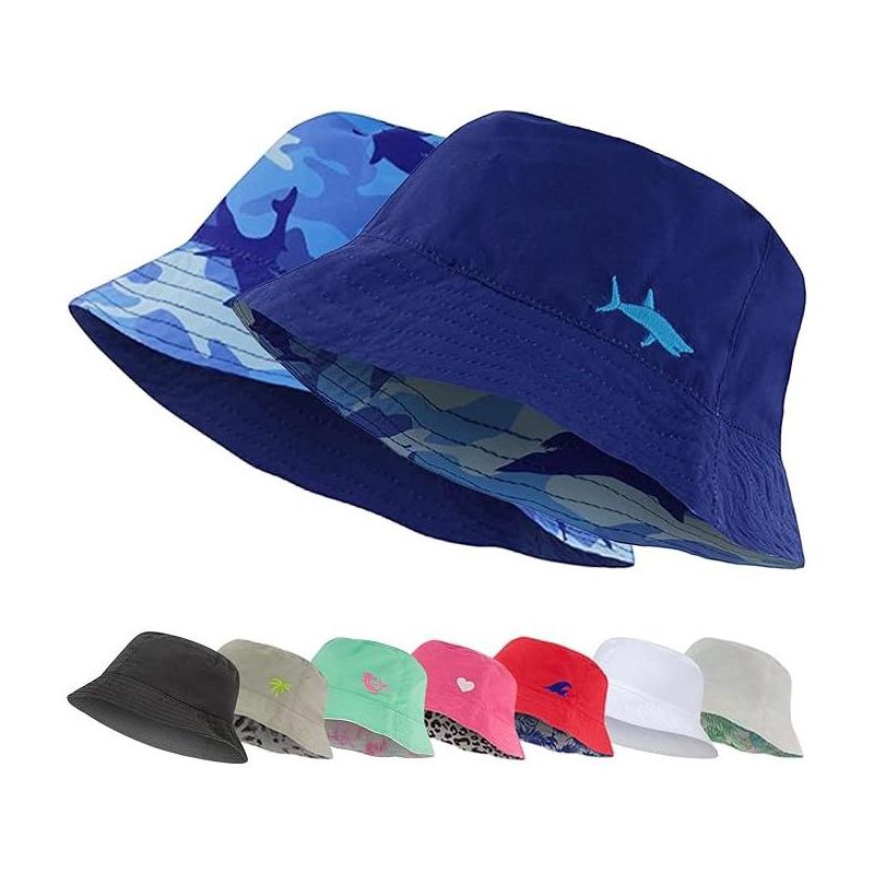 Addie & Tate Kids Reversible Bucket Hat for Girls & Boys, Packable Beach Sun Bucket Hat for Toddlers to Teens Ages 3-14 Years (Blue/Camo Shark), 1 of 4