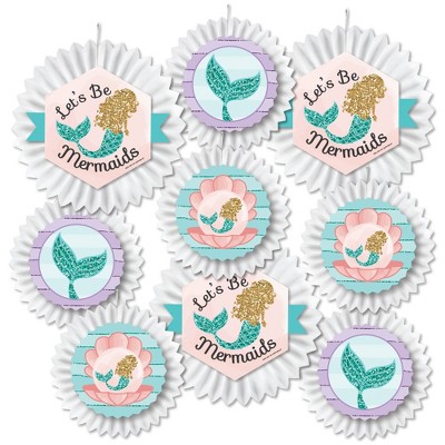 Big Dot of Happiness Let's Be Mermaids - Hanging Baby Shower or Birthday Party Tissue Decoration Kit - Paper Fans - Set of 9