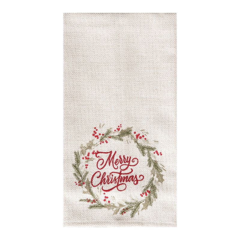 C&F Home 27" x 18" "Merry Christmas" Sentiment Holly Berry Winter Wreath Holiday Embellished Flour Sack Kitchen Dish Towel Decor, 1 of 5