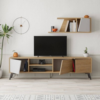 Light Oak and Black TV Stand with Storage Cabinets for 70" TVs