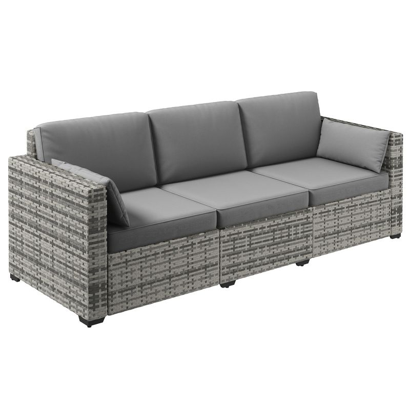 Outsunny Wicker Patio Couch, PE Rattan 3-Seat Sofa, Outdoor Furniture with Deep Seating, Cushions, Steel Frame, Gray, 1 of 7