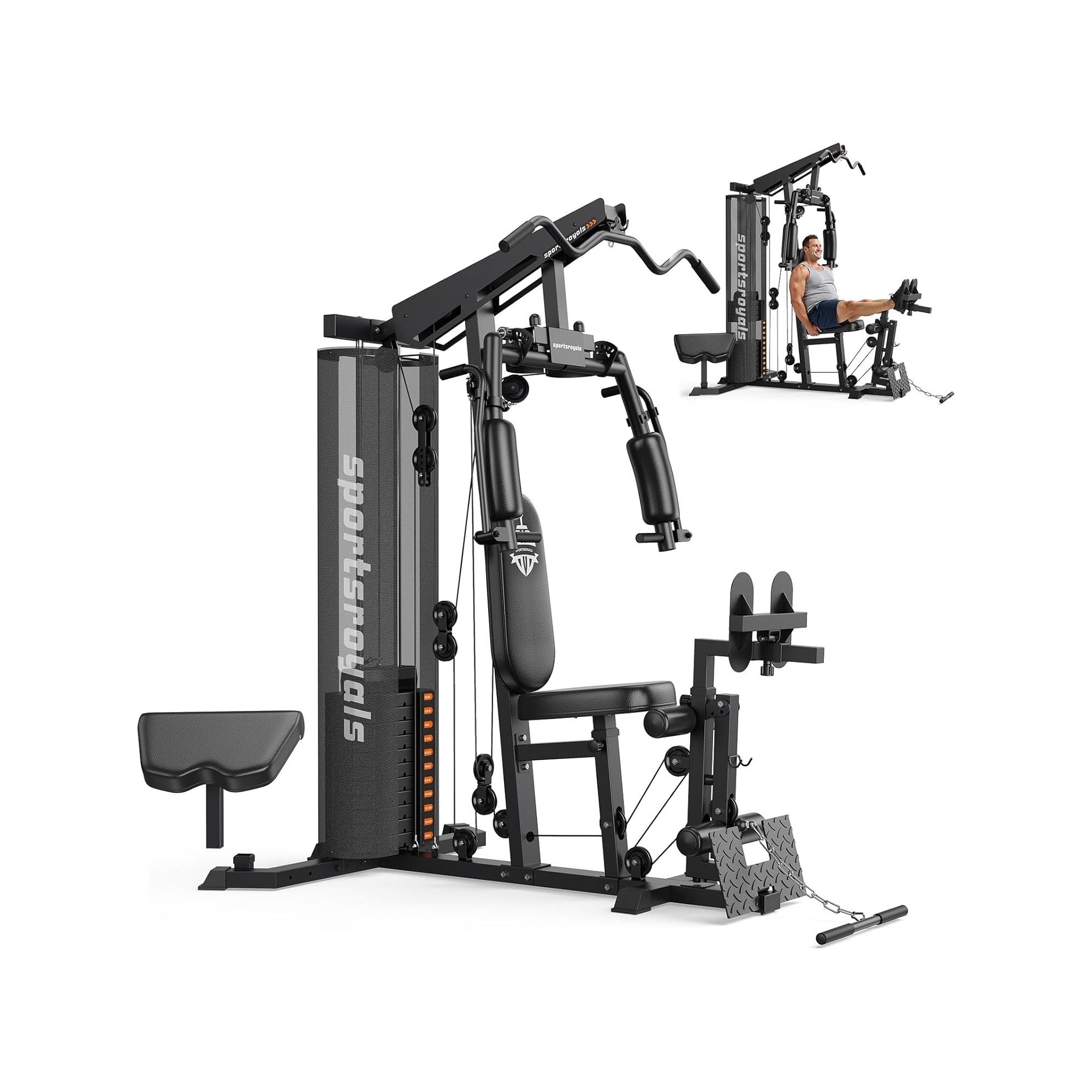 Sportsroyals Multifunctional Home Gym Equipment Pro Plus Model, Workout Station with 150LBS Weight Stack With Leg Press