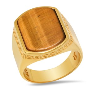 Steeltime men's 14k gold plated sterling silver and tiger eye ring with greek key accents - 1 of 3