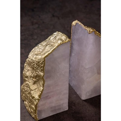 Elegant Rose Quartz and Gold Gilded Bookends, Set of 2