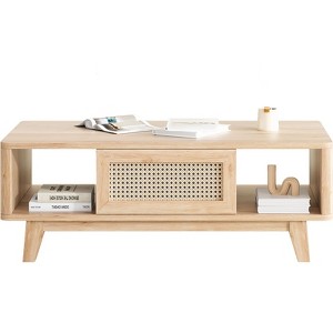 Sapphtopaz Modern Coffee Table with Rattan Drawer & Storage Space Rectangle Wood Living Room End Table with Wood Leg Coffee Bar for Living Room - 1 of 4