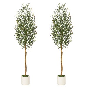 Artificial Olive Trees  - Realistic Faux Plants with Wood Trunks in White Planters for Living Room & Home Deco - 1 of 4