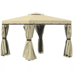 Outsunny 10' x 10' Patio Gazebo Outdoor Canopy Shelter with Double Tier Roof, Netting and Curtains for Garden, Lawn, Backyard and Deck, Beige