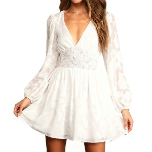 Women's Long Sleeve V-Neck Chiffon Mini Dress Flowy A-Line High Waist Casual Dress for Daily Wear - 1 of 4