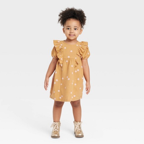 Grayson Collective Toddler Girls' Gauze Ruffle Floral Short Sleeve Dress -  Mustard Yellow : Target
