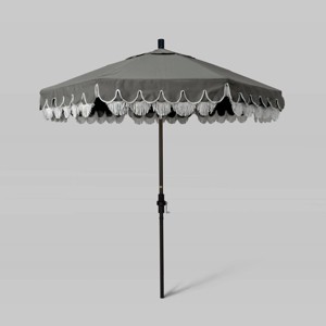 7.5' Fiberglass Ribs and Scallop Base Fringe Market Patio Umbrella with Crank Lift - Bronze Pole - California Umbrella - 1 of 3