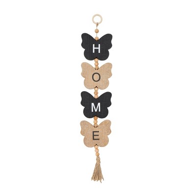 32"x6" Wood Butterfly Handmade Home Sign Wall Decor with Tassel and Bead Accents Black - Olivia & May: Pine Material, Vertical Display
