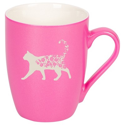 Elanze Designs Cat and Flowers 10 Ounce Ceramic Laser-Etched Engraved Drinkware Mug, Metallic Princess Pink