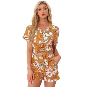 Allegra K Women's Floral Tropical Vacation Beach Hawaiian Button Down Shirt and Short Set - 1 of 4