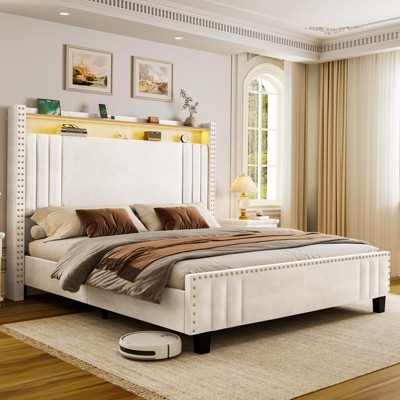 Queen/King Bed Frame Upholstered Headboard & LED Charging Station in Velvet - Hausource™