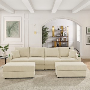 Modern 132" Corduroy U-Shaped Sectional Sofa with 2 Storage Ottomans, Cup Holders & Phone Holder - 1 of 4