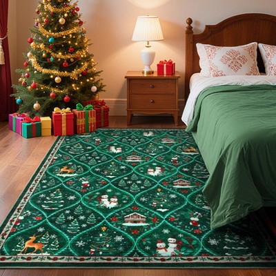 Christmas Rug Washable Rug for Living Room, Santa Reindeer Printed Carpet