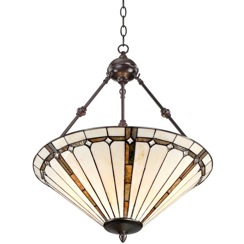 Robert Louis Tiffany Bronze Pendant Chandelier 20" Wide Tiffany Style Gold Texture Ivory Stained Glass Dining Room House Kitchen, 5 of 9