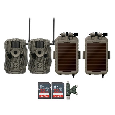 Stealth Cam (Two) Fusion MAX Dual Sim 36MP Trail Camera with Solar Battery Pack Camera Holder 32GB Memory Card and Card Reader