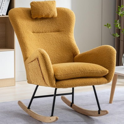 Aukfa Soft Teddy Fabric Rocking Chair w/Pocket - Ergonomic Nursery Glider, Solid Wood Base, 260LB Capacity for Living Room & Bedroom
