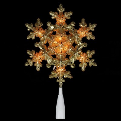 Gold Glitter Snowflake Christmas Tree Topper with Clear Lights