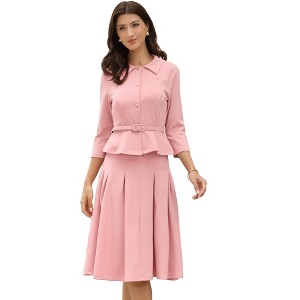 Allegra K Women's Business Office Long Sleeve Blazer Jacket Pleated Skirts 2 Piece Suit Sets Outfits - 1 of 4