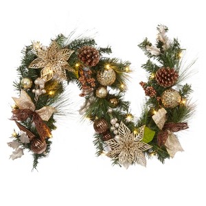 6-foot pre-lit Christmas wreath adorned with pine cones, berries, poinsettias, bows, and spherical ornaments, with 20 warm white lights. - 1 of 4