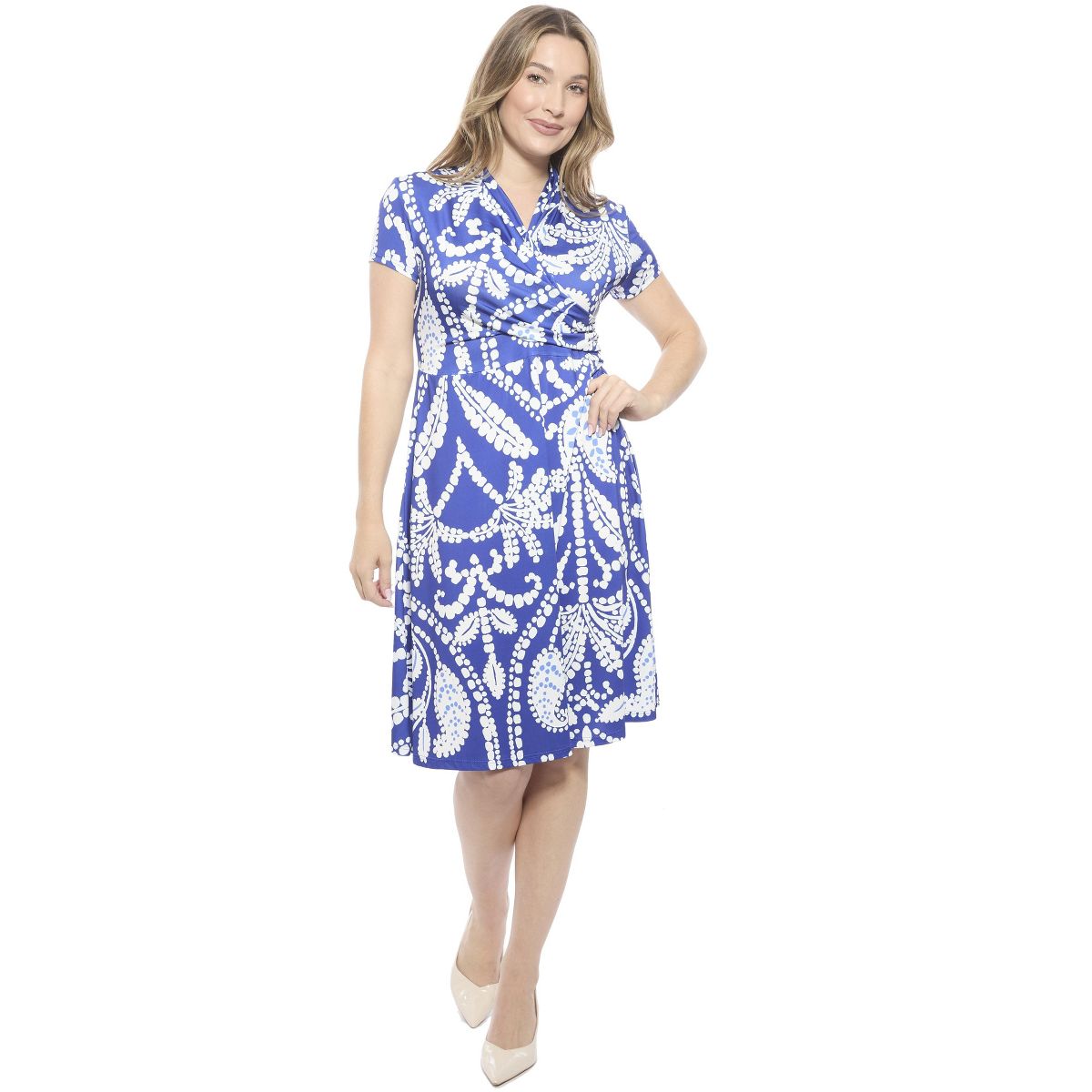 Womens Paisley V-Neck Short Sleeve Faux Wrap Knee Length A-Line Dress - 24seven Comfort Apparel™