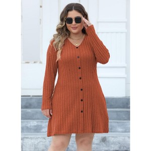 Women's Plus Size Dresses for Curvy Women Casual Ribbed Knit Dresses V-Neck Long Sleeve A-Line Dresses Button Pleated Solid Dresses - 1 of 4