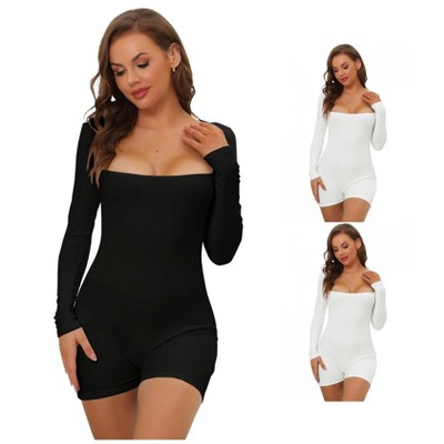 INSPIRE CHIC Women's Square Neck Leotard Jumpsuit Shapewear Tummy Control Slimming Long Sleeve Full Bodysuits 3 Packs