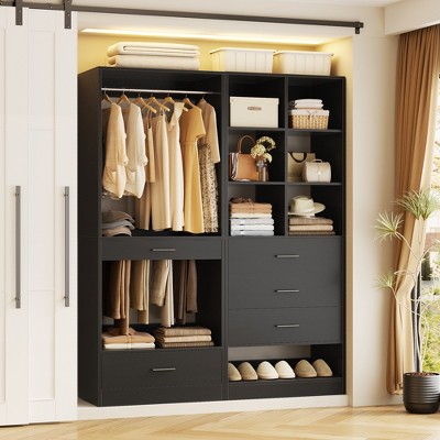 Aheaplus Freestanding Closet System with 4 Drawers and Storage, Walk-In Wardrobe Organizer with Hanging Rod