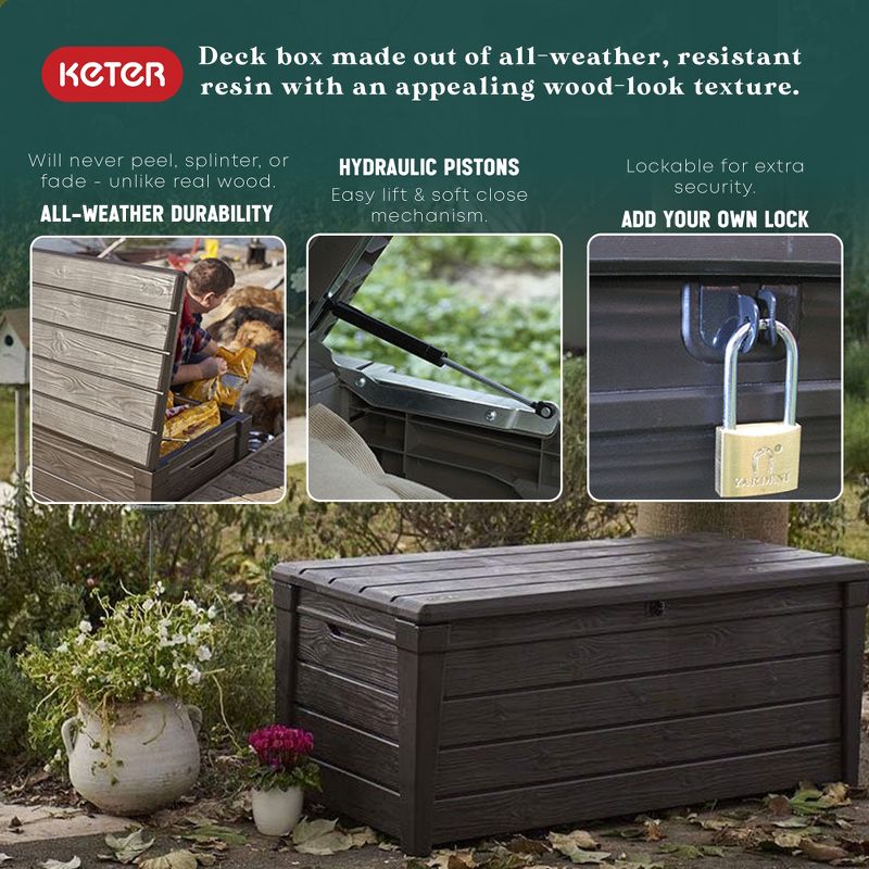 Keter Large 120 Gallon Waterproof All-Weather Resistant Wood Panel Outdoor Deck Garden Storage Box Bench - Brown, 3 of 9