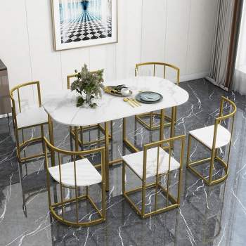 Modern 7-Piece Dining Table Set with Faux Marble Top and 6 Chairs - ModernLuxe