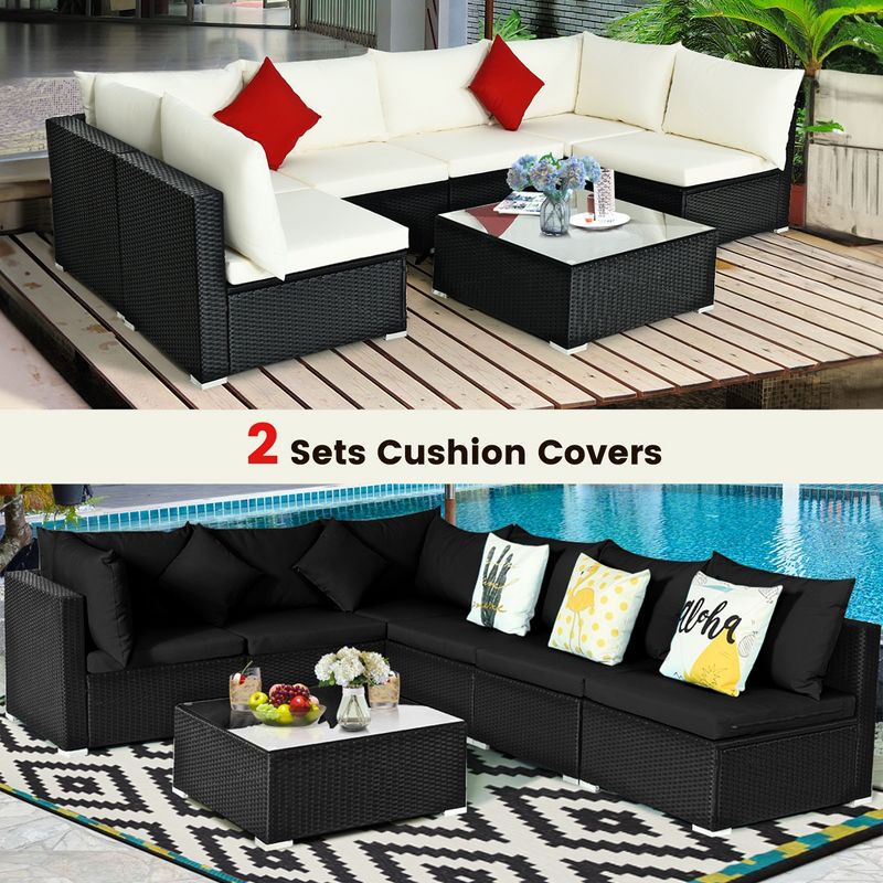 Costway 7PCS Patio Rattan Furniture Set Sectional Sofas Off White & Black Cushion Covers, 5 of 11
